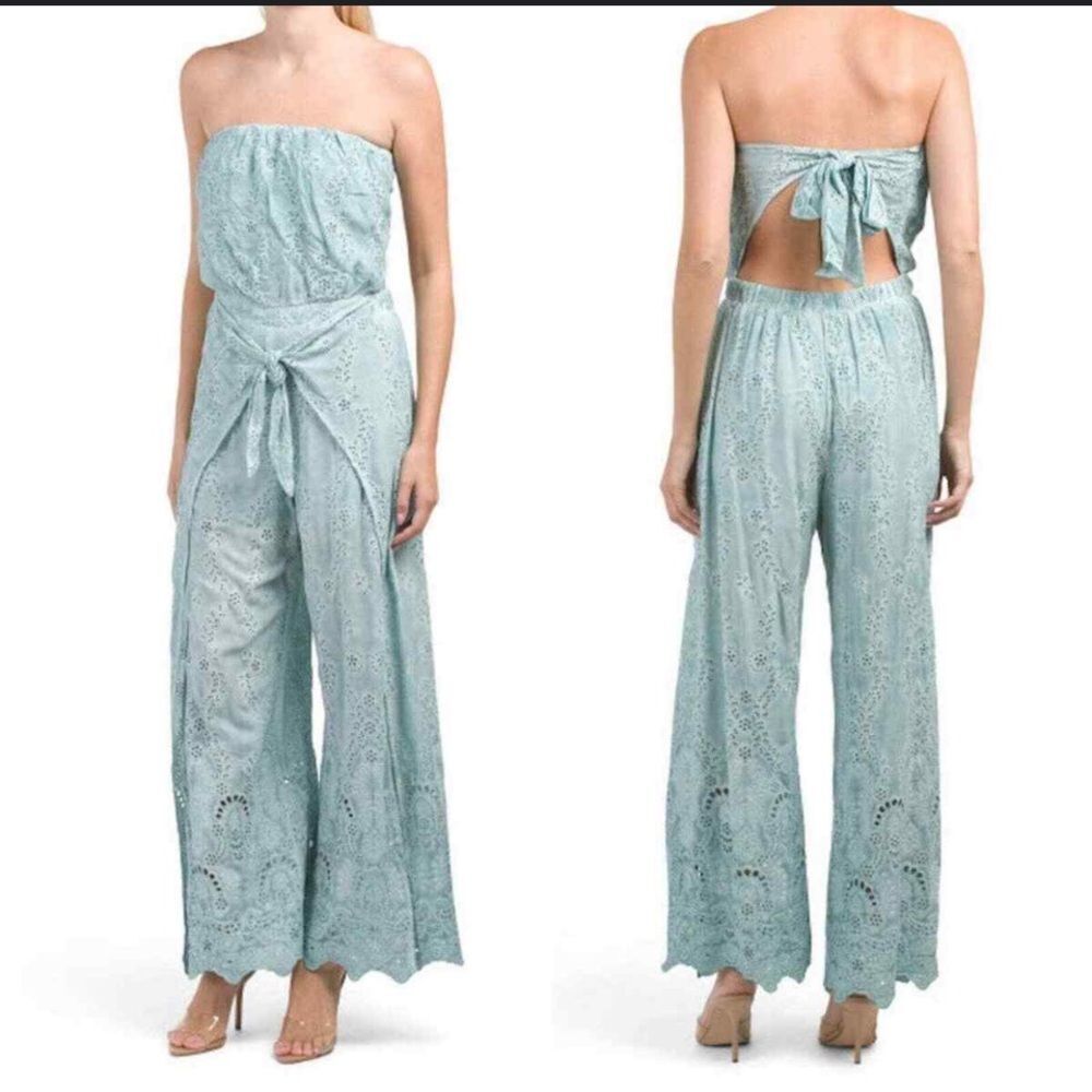 YFB Young Fabulous & Broke Strapless Eyelet Ellis Jumpsuit in Surf Blue | Medium